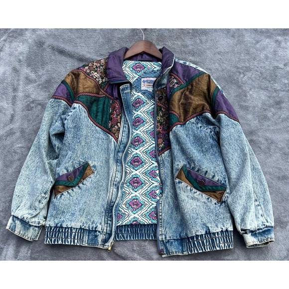 Current Seen Vintage Bomber Jacket Womens Small Acid Wash Tapestry Flannel Lined - Picture 7 of 11